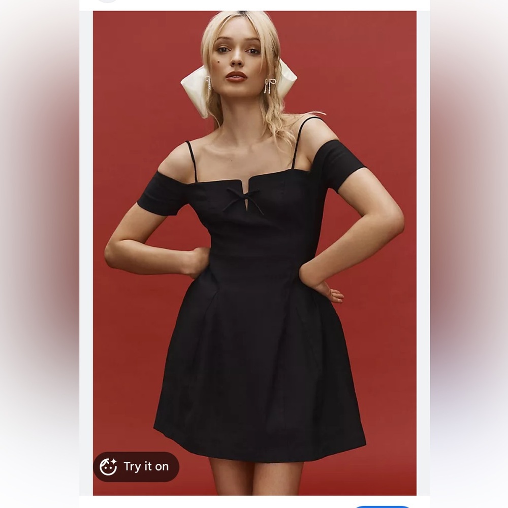 NWT Maeve by Anthropologie Linen Blend Bow Mini LBD w/ Drop Sleeves & Full Skirt